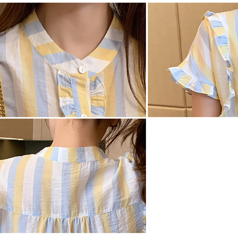 LJSXLS 2021 Summer Striped Short Sleeve Women's Shirt Contrast Color Ruffles Blouse Women Literary Style Loose Casual Top Female
LJSXLS 2021 Summer Striped Short Sleeve Women's Shirt Contrast Color Ruffles Blouse Women Literary Style Loose Casual Top Female