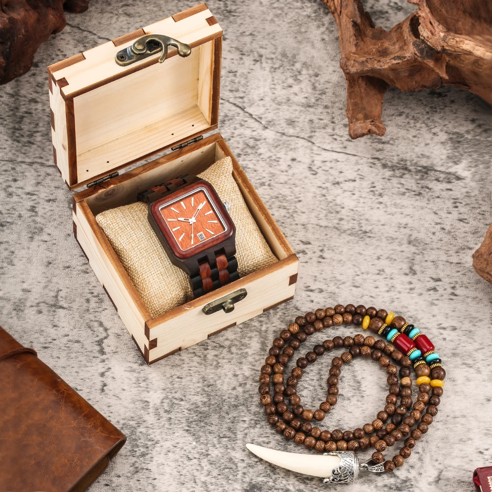 Fashion Men Square Calendar Wood Watch with Vintage Bead Necklace Set 2021 Luxury Wooden Quartz Wristwatch Gift Box for Husband 
Fashion Men Square Calendar Wood Watch with Vintage Bead Necklace Set 2021 Luxury Wooden Quartz Wristwatch Gift Box for Husband