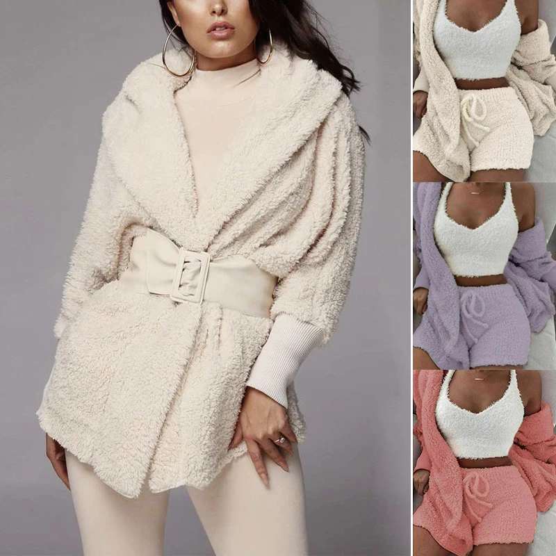 Fluffy Hooded Long Sleeves Coat Open Front Teddy Shorts Vest Set for Women Winter JAN88
Fluffy Hooded Long Sleeves Coat Open Front Teddy Shorts Vest Set for Women Winter JAN88