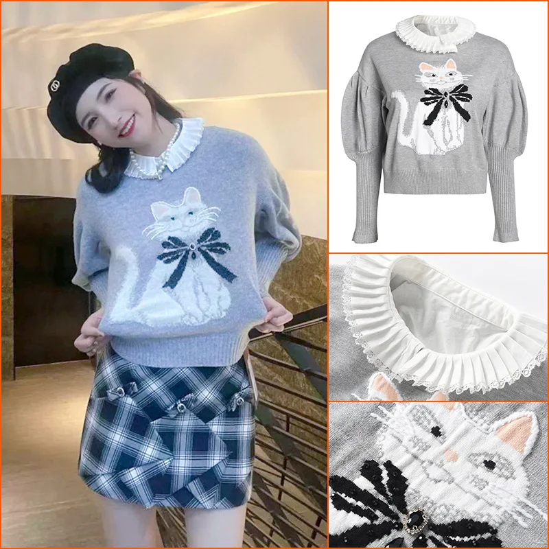 2021 Autumn New Funny Cat Pattern Loose Lazy Sweater Vintage Bat Sleeve Grey Sweater Female
2021 Autumn New Funny Cat Pattern Loose Lazy Sweater Vintage Bat Sleeve Grey Sweater Female