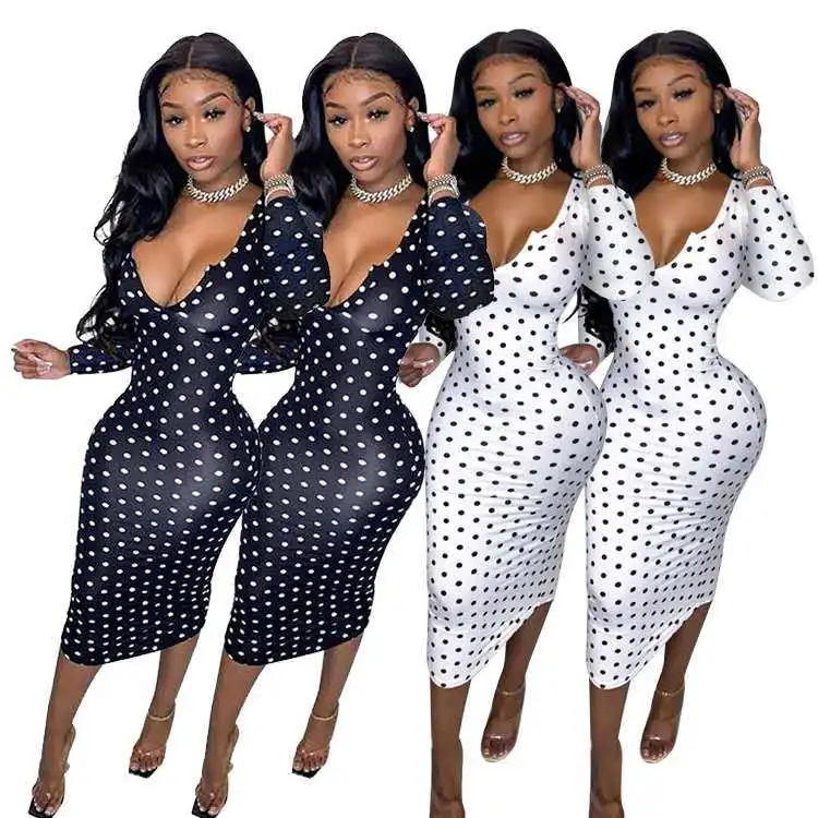 Black White Polka Dot Print Sexy Pencil Dress Women Low Neck Full Sleeve Bandage Mid Calf Dress Elegant High Waist Slim Vestido
Black White Polka Dot Print Sexy Pencil Dress Women Low Neck Full Sleeve Bandage Mid Calf Dress Elegant High Waist Slim Vestido
