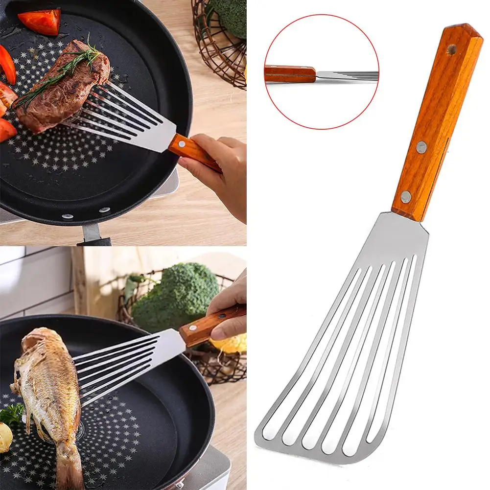 Kitchen Non-slip Stainless Steel Frying Spatula Leaky Shovel Fish Slice Cookware Wood Non-slip Rust-proof great for everyday use 
Kitchen Non-slip Stainless Steel Frying Spatula Leaky Shovel Fish Slice Cookware Wood Non-slip Rust-proof great for everyday use