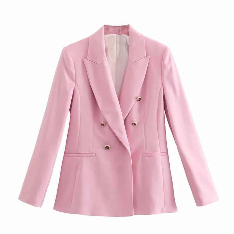 

2021 ZA Blazer Women Vintage Double Breasted Buttoned Pockets Blazers Coat Feminine Pronounced Shoulders Pink White Outerwear