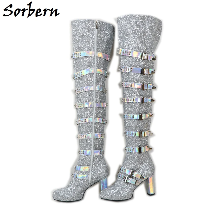 

Sorbern Silver Glitter Art Performance Boots Punk Style Block Heels Kinky Boots Guy Footwear Fetish Drag Queen Custom EU33-48
