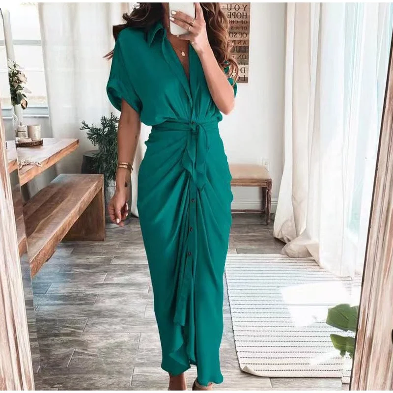 Summer Women Elegant Button V Neck Ruched Bandage Shirt Dress Fashion Casual Short Sleeve Maxi Dress 2021
Summer Women Elegant Button V Neck Ruched Bandage Shirt Dress Fashion Casual Short Sleeve Maxi Dress 2021