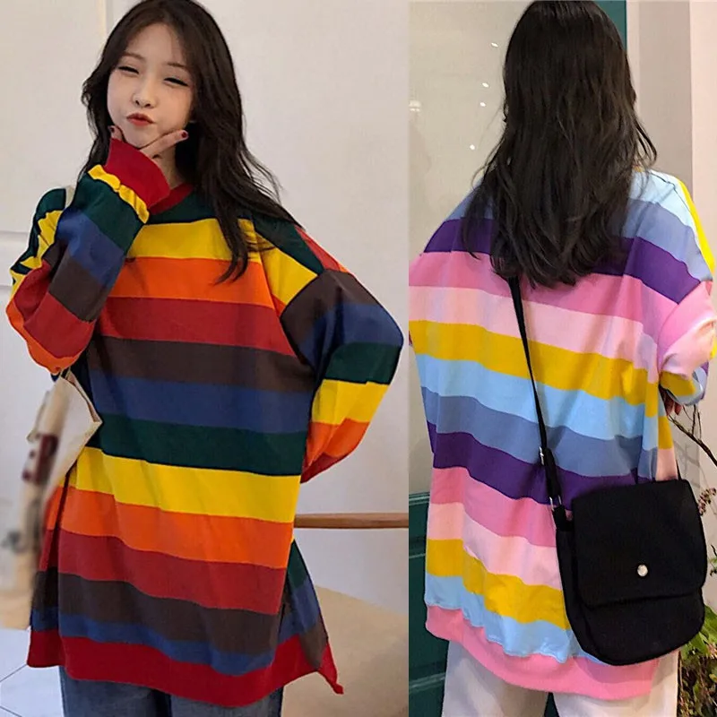 Autumn Korean Rainbow Stripes Loose Long Sleeve T-shirt for Women Harajuku Style Clothes Tees Top
Autumn Korean Rainbow Stripes Loose Long Sleeve T-shirt for Women Harajuku Style Clothes Tees Top