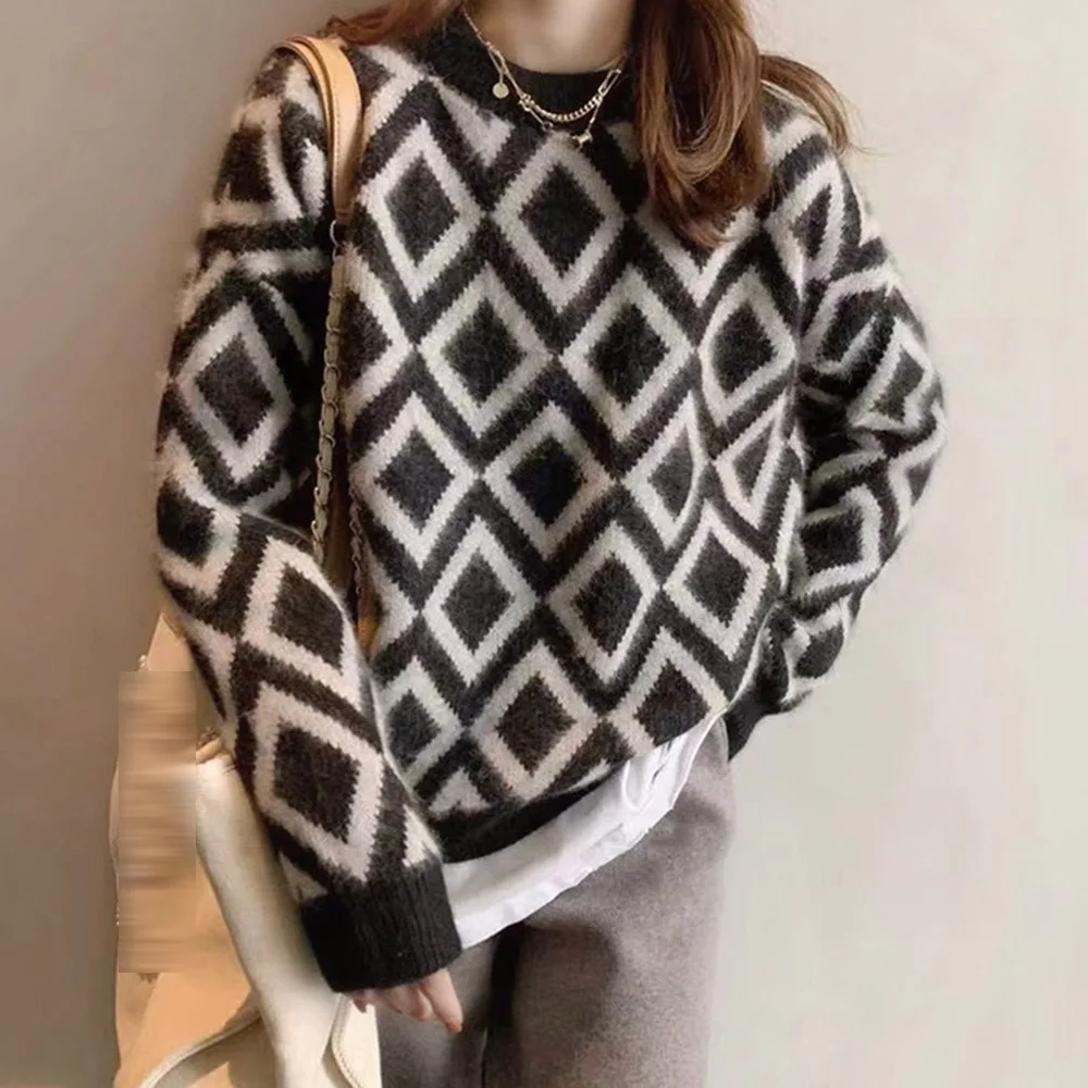 Korean Fashion Women Knits Sweater Long Sleeve Round Neck Loose Diamond Printing Patchwork Thicken Winter Female Tops Autumn
Korean Fashion Women Knits Sweater Long Sleeve Round Neck Loose Diamond Printing Patchwork Thicken Winter Female Tops Autumn