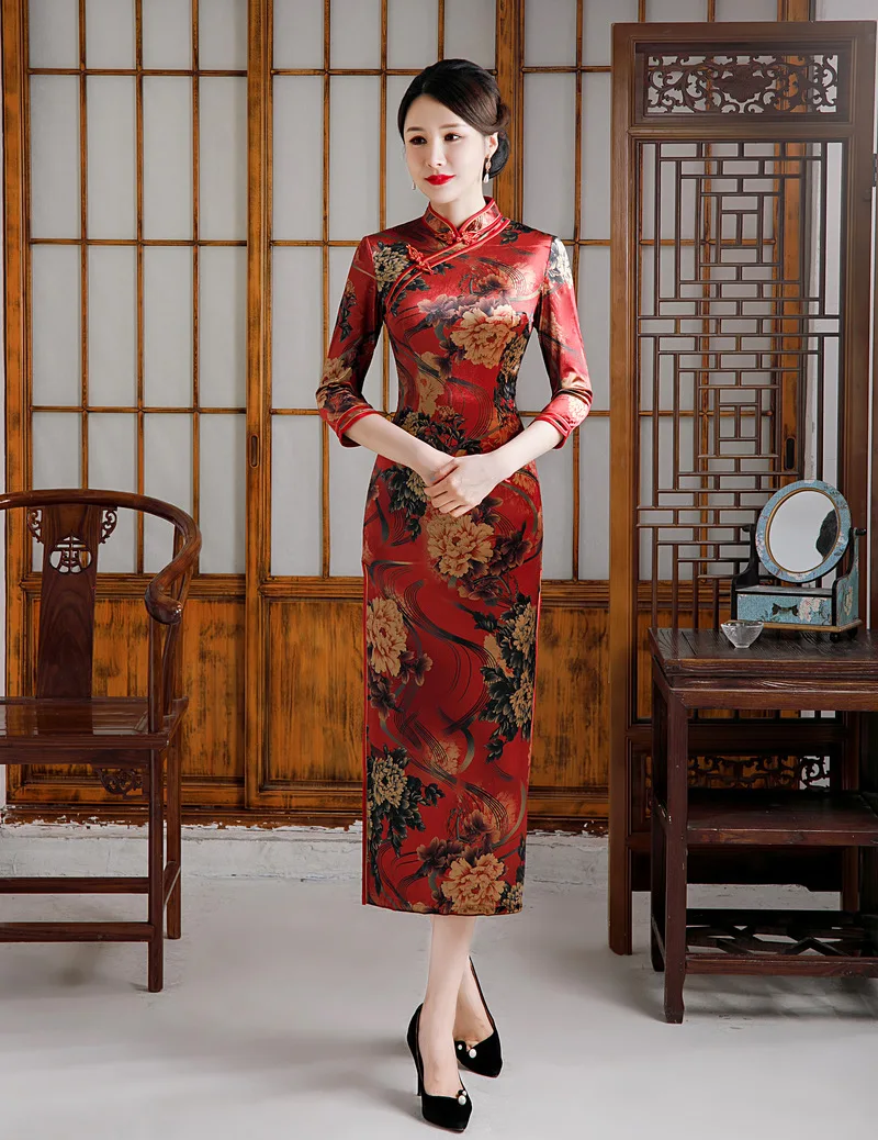 

Oriental Classic Velour Chinese Dress Elegant Side Split Slim Qipao Women Sexy Banquet Gown Vintage Mandarin Collar Cheongsams
