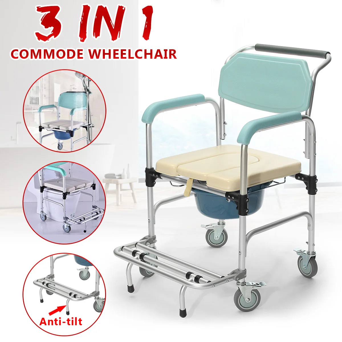 Commode Wheelchair 3 in1 Toilet Shower Seat Potty Bathroom Rolling Chair Durable Waterproof Soft Cushion Lightweight Foldable
Commode Wheelchair 3 in1 Toilet Shower Seat Potty Bathroom Rolling Chair Durable Waterproof Soft Cushion Lightweight Foldable