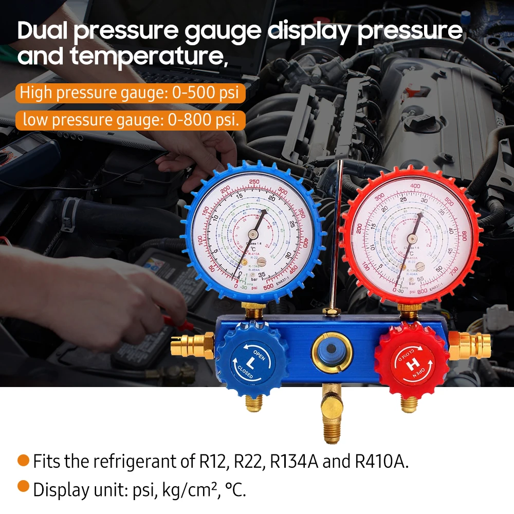 AC/HVAC Manifold Gauge Set Refrigeration Gauge R12 R22 R134A R410A Refrigerant Gauge with 5ft Hose for Auto Car Air Conditioning
AC/HVAC Manifold Gauge Set Refrigeration Gauge R12 R22 R134A R410A Refrigerant Gauge with 5ft Hose for Auto Car Air Conditioning