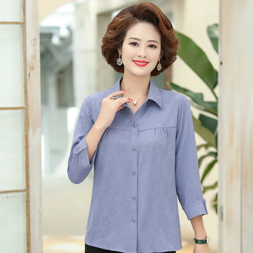 Mature Wpmen Casual Jacquard Weave Fabric Shirts Spring Summer Purple Blue Green Turn Down Collar Three Quater Sleeve Tops
Mature Wpmen Casual Jacquard Weave Fabric Shirts Spring Summer Purple Blue Green Turn Down Collar Three Quater Sleeve Tops