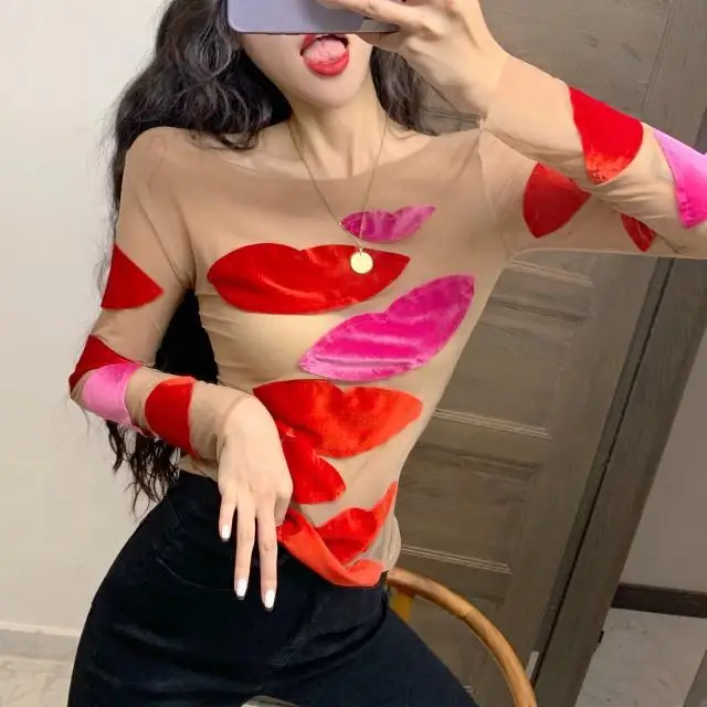 sexy women Lips mesh t-shirts 2020 New Lip Patch Long Sleeve Blusas Perspective Shirt Tops Girls Lady Basic Tops G1253
sexy women Lips mesh t-shirts 2020 New Lip Patch Long Sleeve Blusas Perspective Shirt Tops Girls Lady Basic Tops G1253