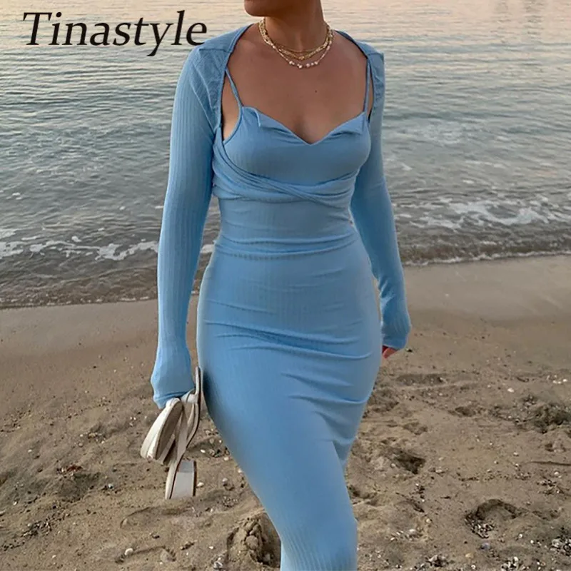 Tinastyle Blue Two Pieces Set Autumn Dress Women 2021 Spaghetti Strap Bodycon Maxi Dress And Long Sleeve Hollow Out Crop Top Set
Tinastyle Blue Two Pieces Set Autumn Dress Women 2021 Spaghetti Strap Bodycon Maxi Dress And Long Sleeve Hollow Out Crop Top Set