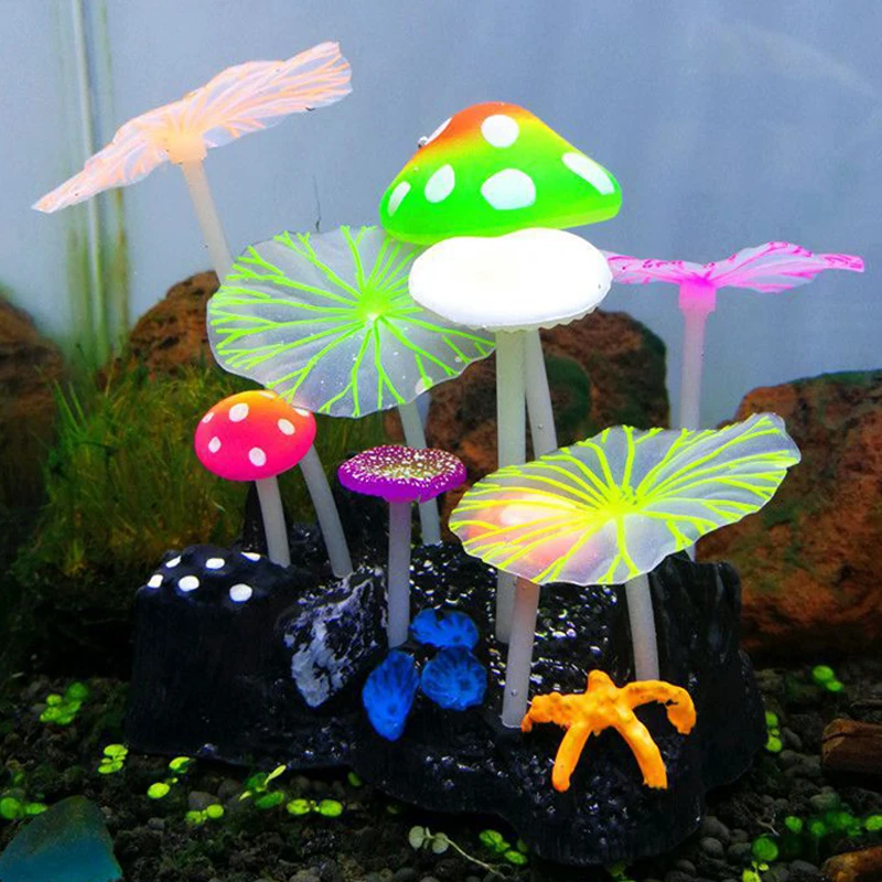 

Artificial Silicone Coral Night Glowing Fish Tank Lotus Leaf Plants Accessory Aquarium Underwater Mushroom Landscaping Ornament