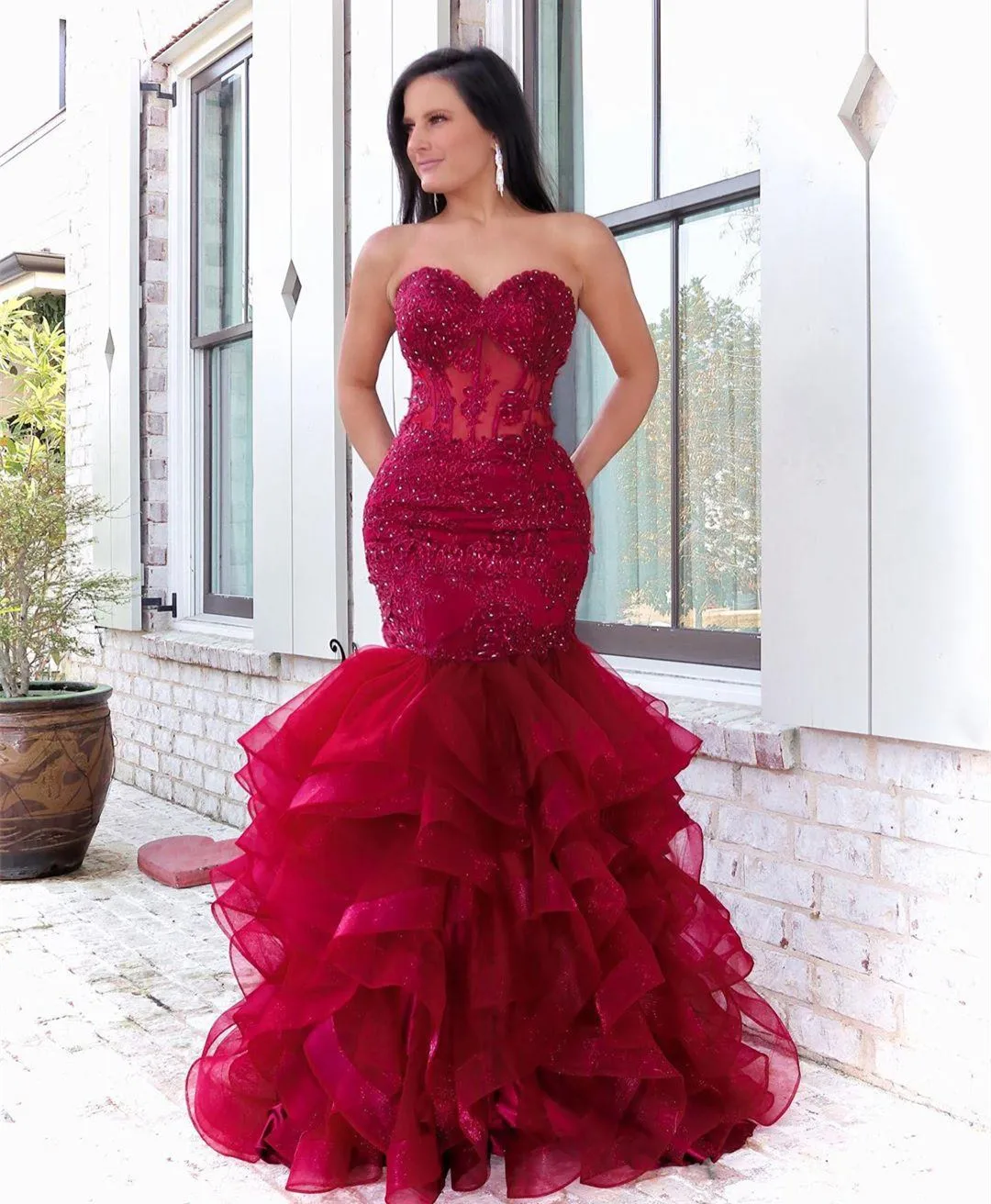 Sexy Mermaid Backless Prom Dresses Ruffles Tiered Sweetheart New 2022 Red Wine Lace Party Dress for Reception Women Lady Pageant
Sexy Mermaid Backless Prom Dresses Ruffles Tiered Sweetheart New 2022 Red Wine Lace Party Dress for Reception Women Lady Pageant