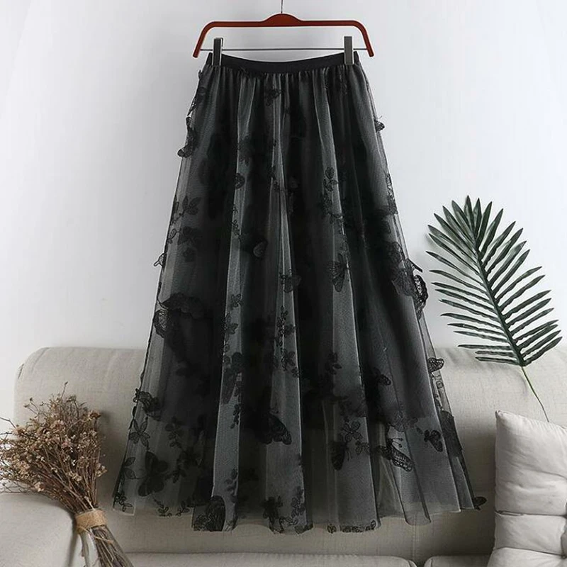 2021 Women Summer Elastic High Waist Mesh Skirt Lolita Style A-Line Party Mid- calf Skirts Butterfly Embroidery Lace Skirt
2021 Women Summer Elastic High Waist Mesh Skirt Lolita Style A-Line Party Mid- calf Skirts Butterfly Embroidery Lace Skirt