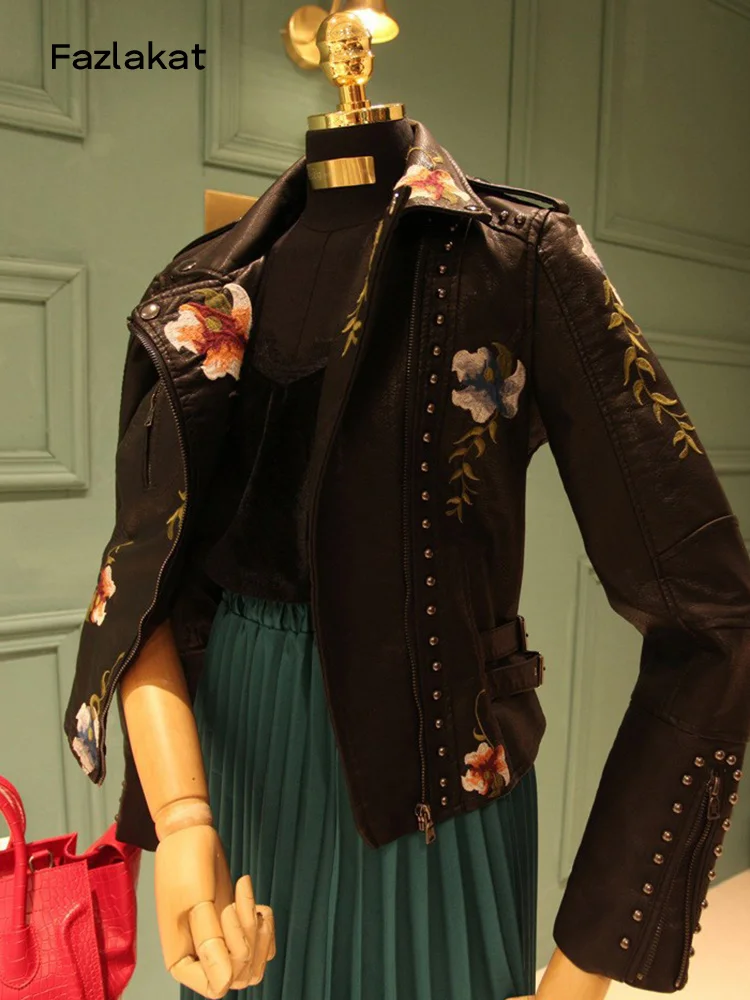 New Women Retro Floral Print Embroidery Faux Soft Leather Jacket Coat Turndown Collar Pu Moto Biker Black Punk Outerwear
New Women Retro Floral Print Embroidery Faux Soft Leather Jacket Coat Turndown Collar Pu Moto Biker Black Punk Outerwear