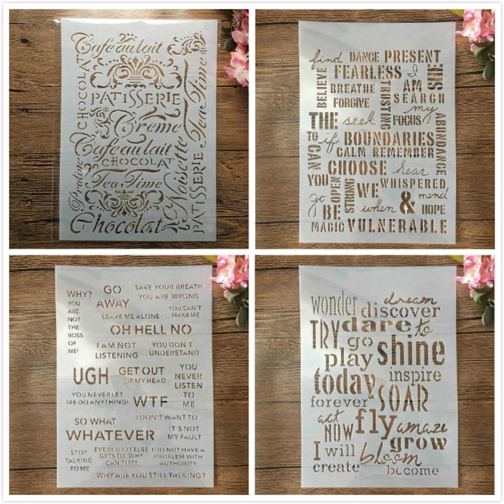 4Pcs A4 29cm English Common Words DIY Layering Stencils Painting Scrapbook Embossing Hollow Embellishment Printing Lace Ruler
4Pcs A4 29cm English Common Words DIY Layering Stencils Painting Scrapbook Embossing Hollow Embellishment Printing Lace Ruler