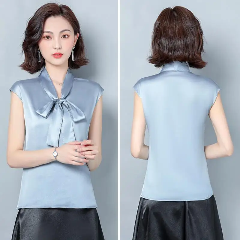 Summer Short Sleeve Bow Lace-up Silk Blouse Women Shirts Fashion Office Chiffon Blouse Korean Plus Size Womens Tops and Blouses
Summer Short Sleeve Bow Lace-up Silk Blouse Women Shirts Fashion Office Chiffon Blouse Korean Plus Size Womens Tops and Blouses