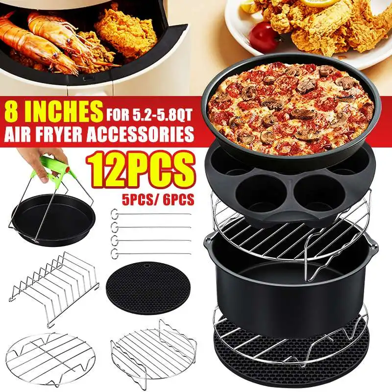 

Air Fryer Accessories Set High Quality Baking Basket Pizza Plate Grill Pot Kitchen Cooking Tool 8Inch 5.3-5.8QT Deep Fryer Parts
