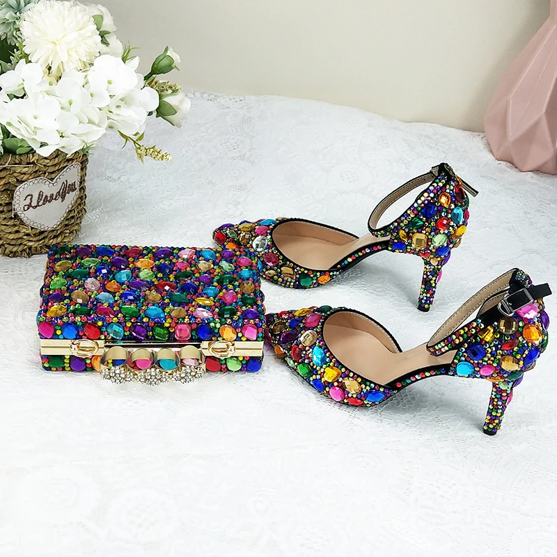 Women wedding shoes And bags Set Multicolored Crystal High heels shoes Pointed Toe Ladies Party Dress shoes women Pumps Lace-up
Women wedding shoes And bags Set Multicolored Crystal High heels shoes Pointed Toe Ladies Party Dress shoes women Pumps Lace-up