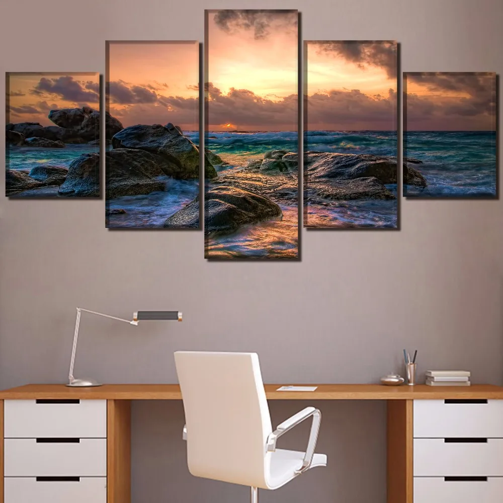 Wall Art Canvas HD Prints Modular Pictures 5 Pieces Horizon Ocean Rock Sky Sunset Wave Landscape Paintings Decor Artwork Frame | Дом и сад