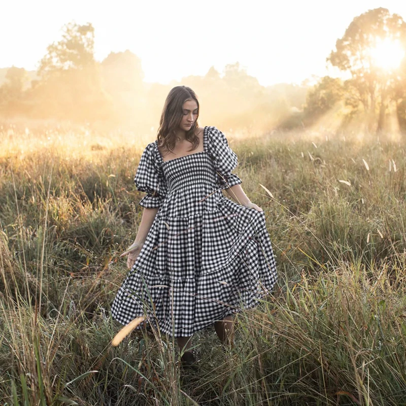 Women Checkered Dress Vintage Square Collar Lantern Sleeve Cascading Ruffle Long Dress Holiday Elegant A-line Long Dress Summer
Women Checkered Dress Vintage Square Collar Lantern Sleeve Cascading Ruffle Long Dress Holiday Elegant A-line Long Dress Summer