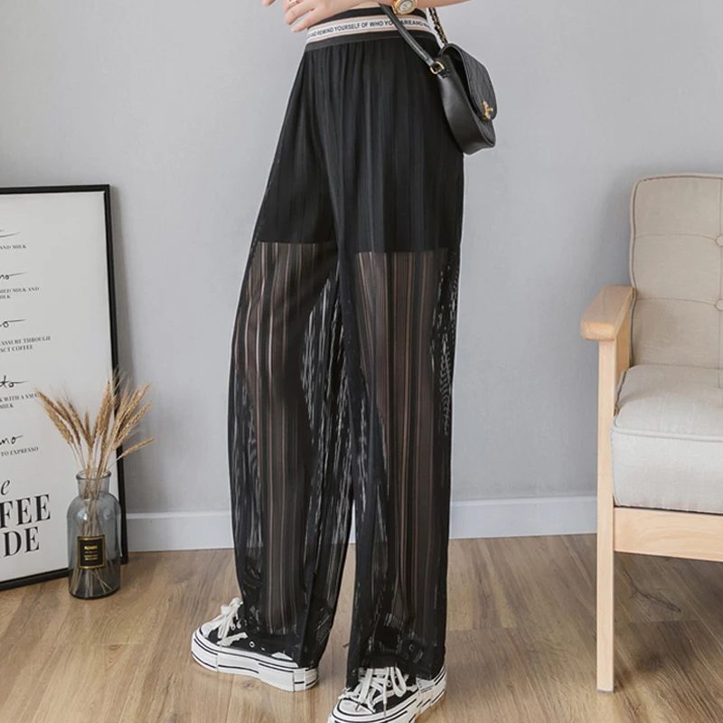 Pantalon Ete Femme Summer 2021 New Wide Leg Pant Hollow Mesh Elastic Waist Spodnie Szerokie Nogawki Black Trousers A189
Pantalon Ete Femme Summer 2021 New Wide Leg Pant Hollow Mesh Elastic Waist Spodnie Szerokie Nogawki Black Trousers A189