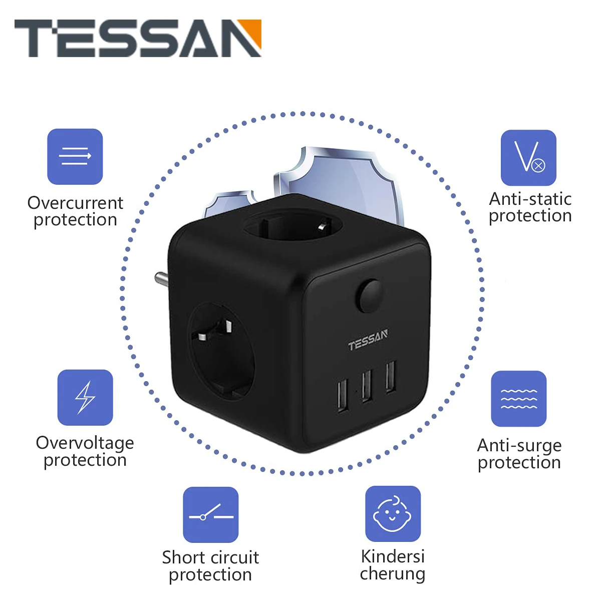 TESSAN 6 in 1 Black Travel USB Adapter with 3 AC Outlets, 3 USB Ports and Power Switch, EU Wall Socket with Overload Protection
TESSAN 6 in 1 Black Travel USB Adapter with 3 AC Outlets, 3 USB Ports and Power Switch, EU Wall Socket with Overload Protection