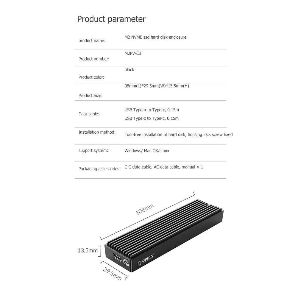 For 2230 ORICO M2PV-C3 Type-C M.2 NVME SSD Mobile Enclosure Aluminum Alloy USB3.1 10Gbps External Solid State Drive Box Case
For 2230 ORICO M2PV-C3 Type-C M.2 NVME SSD Mobile Enclosure Aluminum Alloy USB3.1 10Gbps External Solid State Drive Box Case