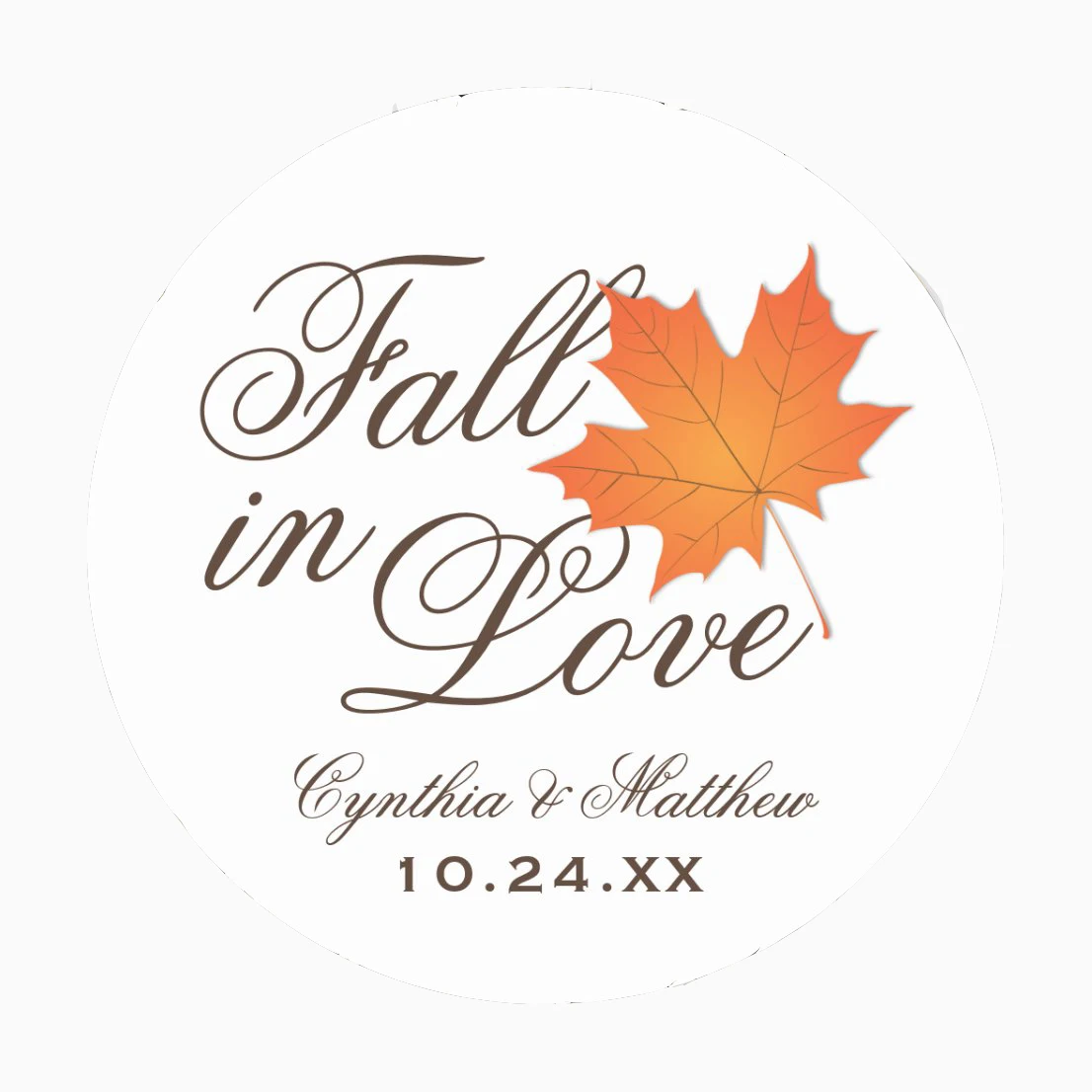 Custom Elegant Fall in Love Autumn Wedding Monogram Baby Shower Favor Classic Round Sticker Handmade Decoration Party Supplies
Custom Elegant Fall in Love Autumn Wedding Monogram Baby Shower Favor Classic Round Sticker Handmade Decoration Party Supplies
