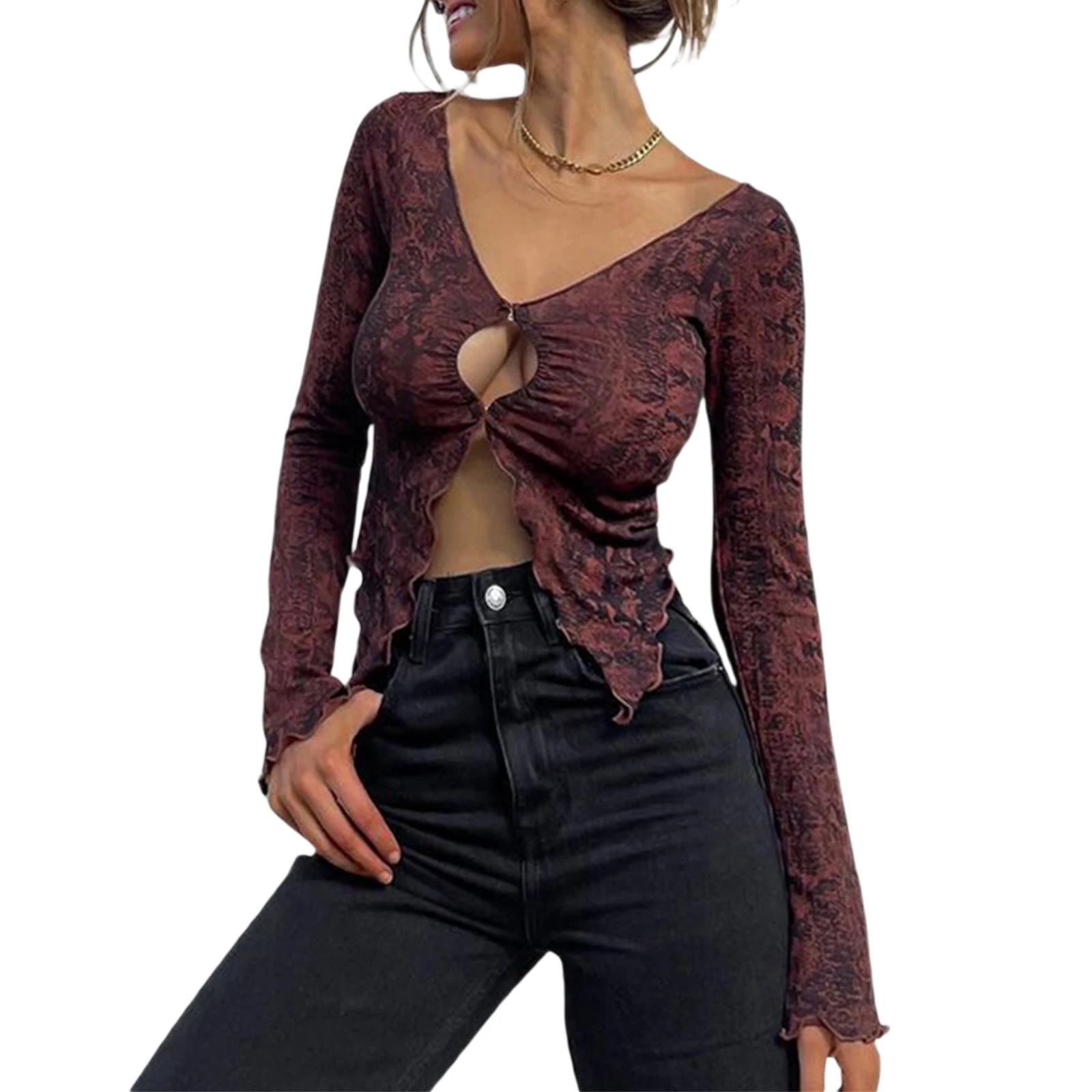 Women’s Casual Long Sleeve Cardigan Vintage Printing Metal Hook Exposed Navel T-shirt
Women’s Casual Long Sleeve Cardigan Vintage Printing Metal Hook Exposed Navel T-shirt