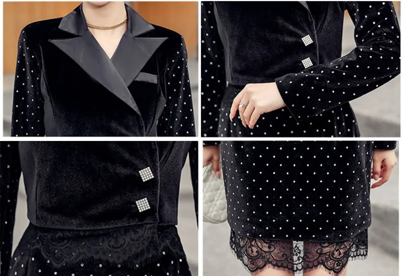 2020 autumn winter new French style velvet suit lace stitching hot stamping two-piece sets
2020 autumn winter new French style velvet suit lace stitching hot stamping two-piece sets