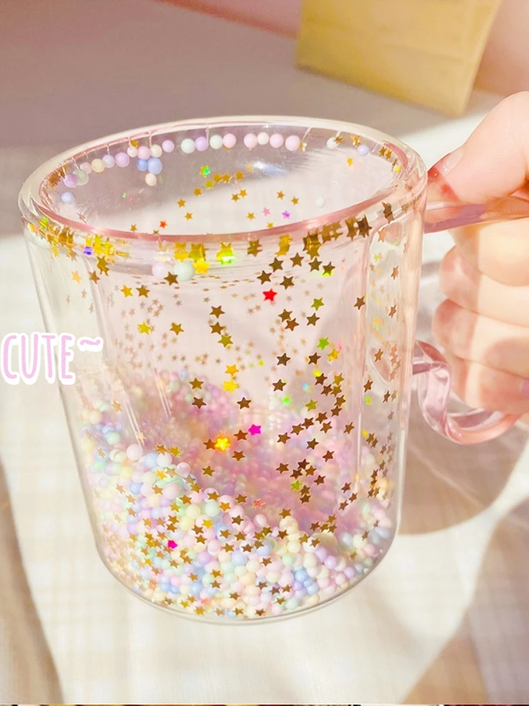 Korean Girl Bubble Star Sky Glass Cup Star Sequin Double Wall Glass Coffee Cup Handle Heat Resistant Milk Cup Drinking Glasses
Korean Girl Bubble Star Sky Glass Cup Star Sequin Double Wall Glass Coffee Cup Handle Heat Resistant Milk Cup Drinking Glasses