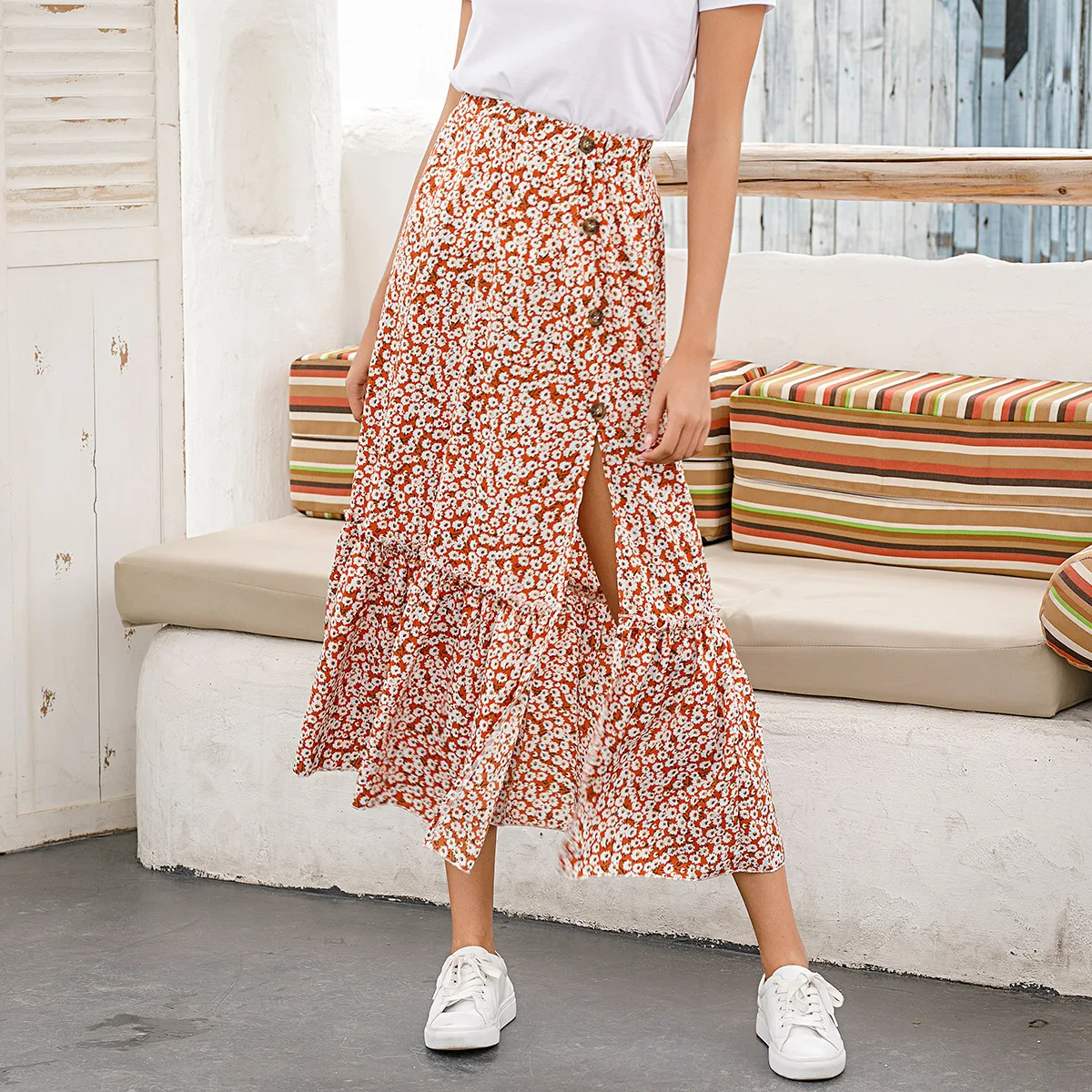 Fashion Floral Printed Women Skirt Elastic High Waist Split Out Ruffles Midi Skirt W9202
Fashion Floral Printed Women Skirt Elastic High Waist Split Out Ruffles Midi Skirt W9202