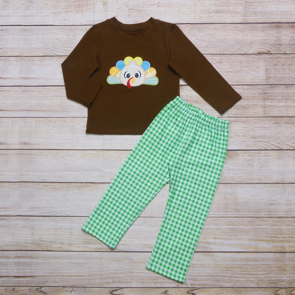 Summer Clothes Brown Long Sleeve Top And Green Plaid Trousers Thanksgiving Turkey Embroidery Pattern Boys Clothes
Summer Clothes Brown Long Sleeve Top And Green Plaid Trousers Thanksgiving Turkey Embroidery Pattern Boys Clothes