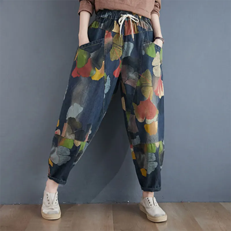 2020 Spring Autumn New Arts Style Women Elastic Waist Print Vintage Jeans Plus Size Cotton Denim Harem Pants Femme Jean M637
2020 Spring Autumn New Arts Style Women Elastic Waist Print Vintage Jeans Plus Size Cotton Denim Harem Pants Femme Jean M637