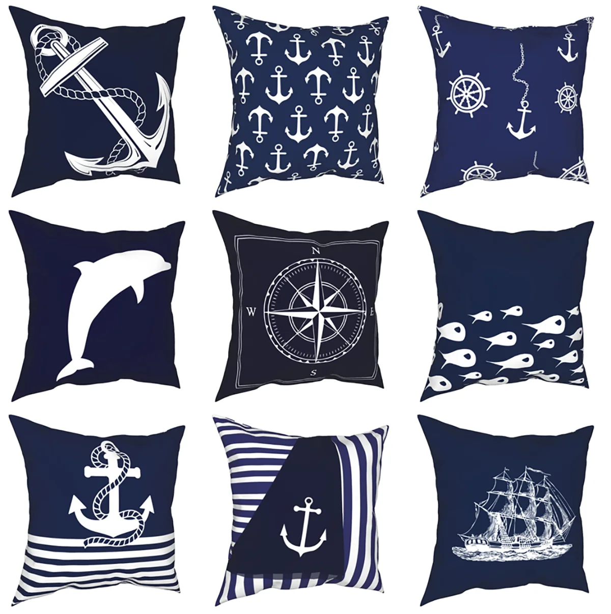 

Blue Nautical Anchor Rudder Navy Navigation Pillowcases Mediterranean Bed Car Cushion Case Compass Decorative Pillowcase 45*45cm