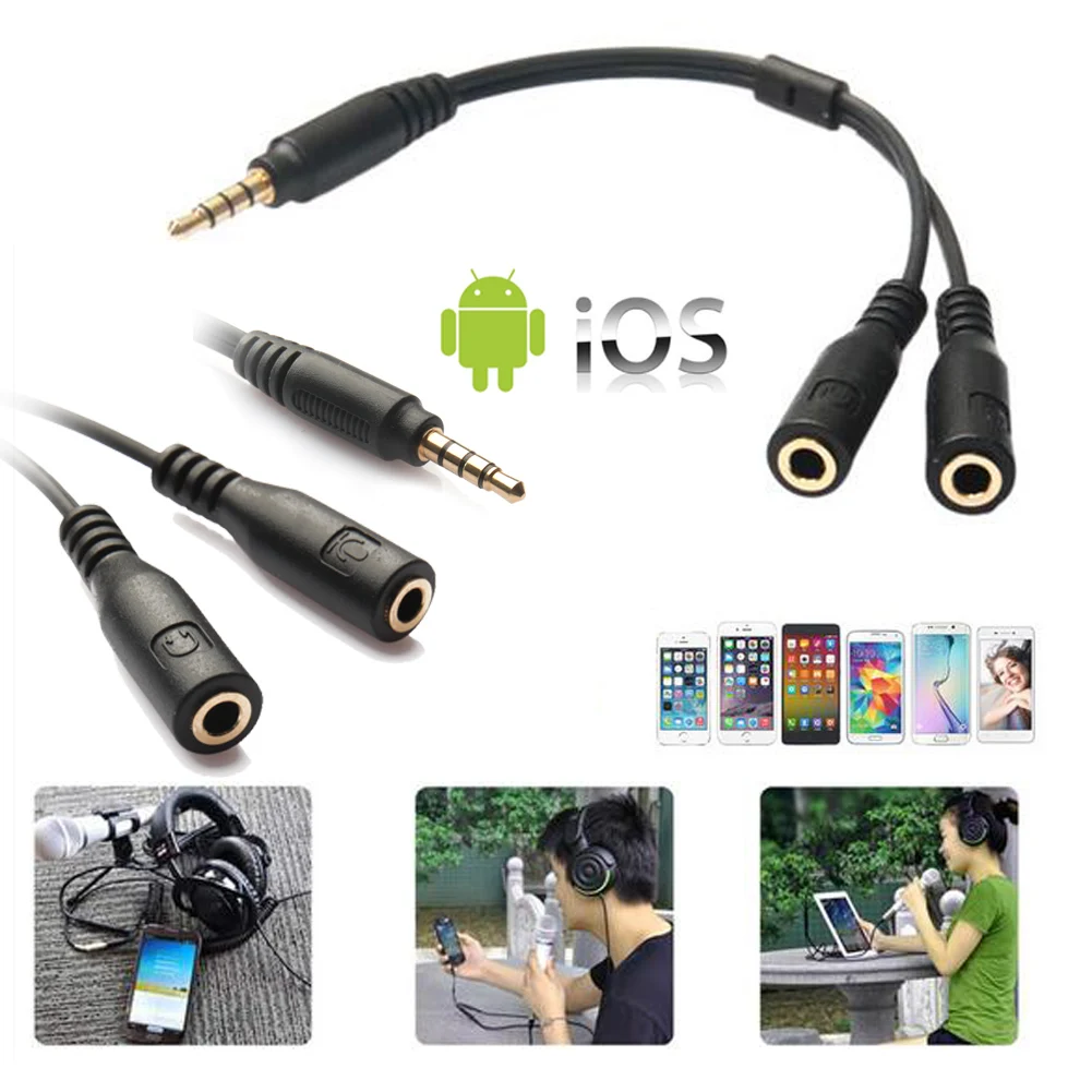 Female Converter Adapter Cable 3.5mmStereo Audio Male to 2 Headphone Mic Y Splitter for iPhone/Android | Электроника