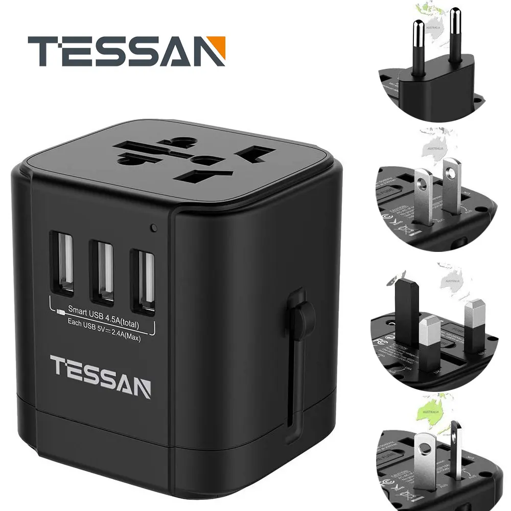 Универсальный дорожный адаптер питания Tessan переходник с 3 USB-портами для розеток