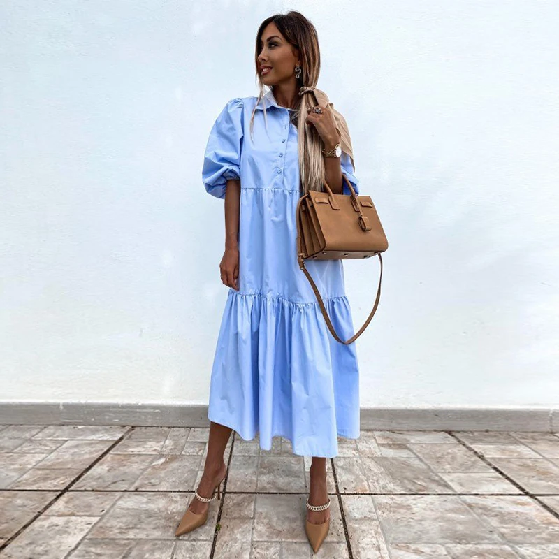 Syhloli Women casual long dress turn-down collar puff sleeve solid a-line dress 2021 new fashion party sexy summer dress
Syhloli Women casual long dress turn-down collar puff sleeve solid a-line dress 2021 new fashion party sexy summer dress