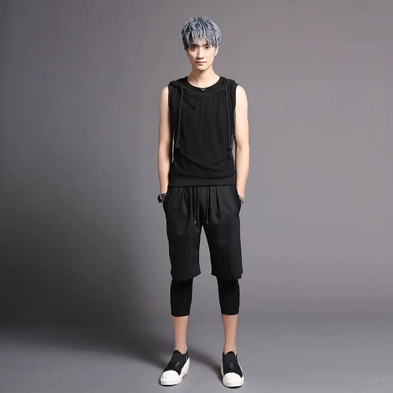 Mens nightclub stage costume elastic waistband punk shorts joggers men casual false two-piece short pants hip hop leggings
Mens nightclub stage costume elastic waistband punk shorts joggers men casual false two-piece short pants hip hop leggings