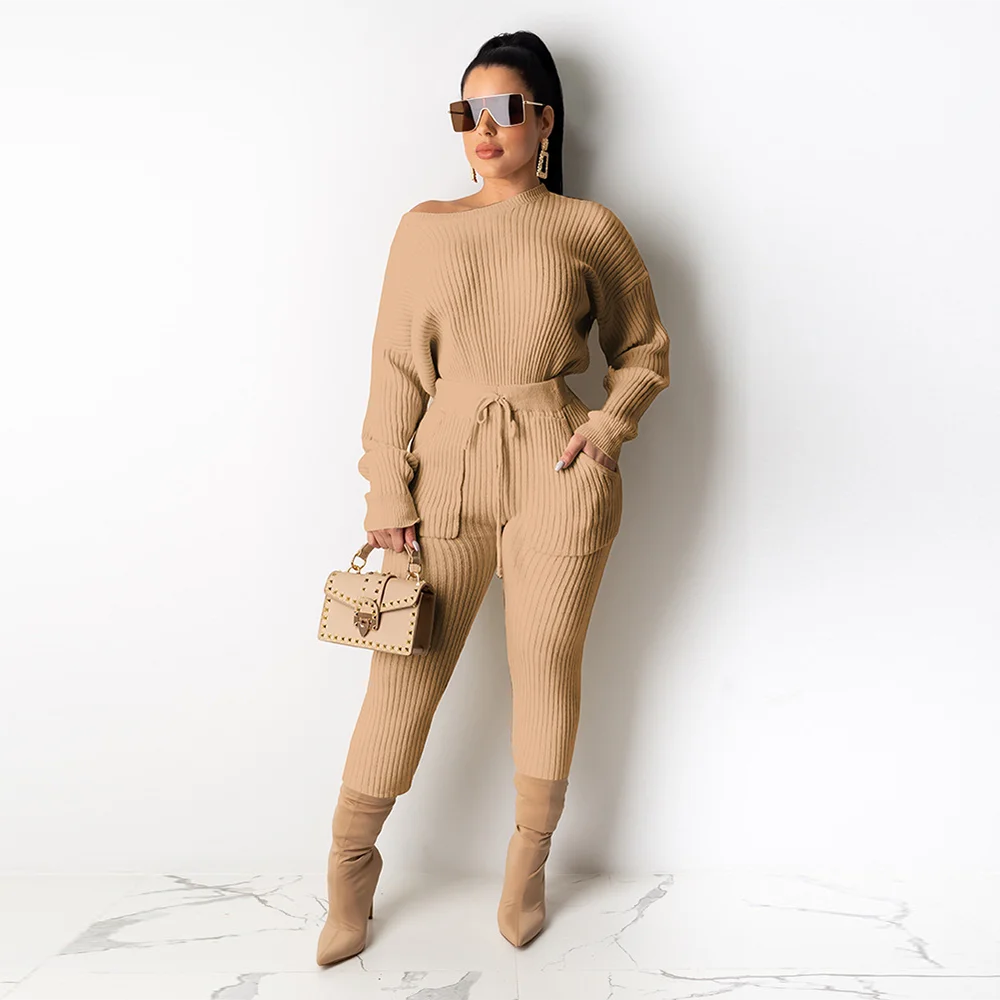 Autumn Winter Ribbed Knitted Women's Tracksuits One Shoulder Long Sleee Sweater and High Waist Drawstring Trouser Club Outfits
Autumn Winter Ribbed Knitted Women's Tracksuits One Shoulder Long Sleee Sweater and High Waist Drawstring Trouser Club Outfits