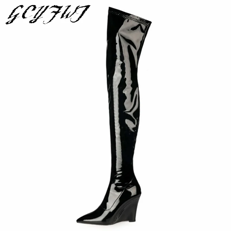 Women Over-the-knee Boots Solid Color Patent Leather Pointed Toe Wedges Increase Ladies Shoes High Heel Slip-on Tenis Feminino
Women Over-the-knee Boots Solid Color Patent Leather Pointed Toe Wedges Increase Ladies Shoes High Heel Slip-on Tenis Feminino