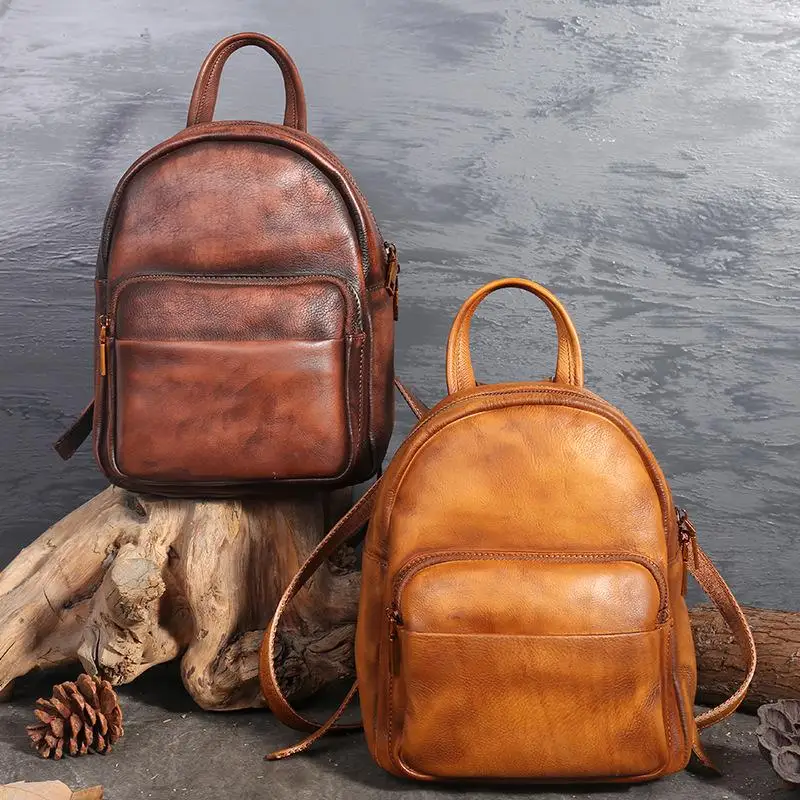 

2021 New Genuine Leather Softback Zipper Arcuate Shoulder Strap Silt Pocket Vintage Casual Hard Handle Women Backpack