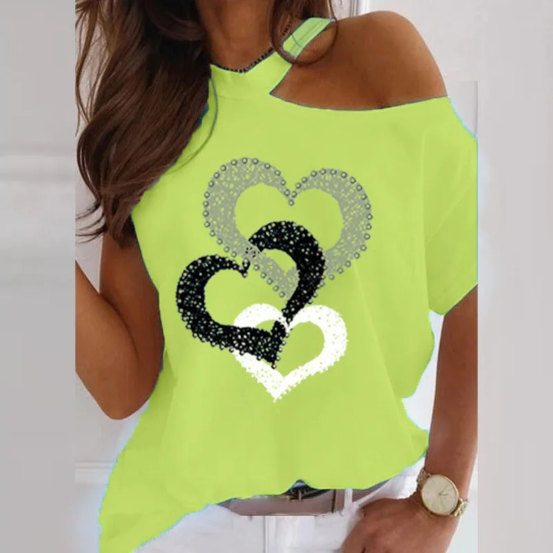 Short Sleeve Off Shoulder Casual T-Shirts Women Summer Heart Print Black Top Street Hollow Out Tee Female O-Neck Fashion T-Shirt 
Short Sleeve Off Shoulder Casual T-Shirts Women Summer Heart Print Black Top Street Hollow Out Tee Female O-Neck Fashion T-Shirt