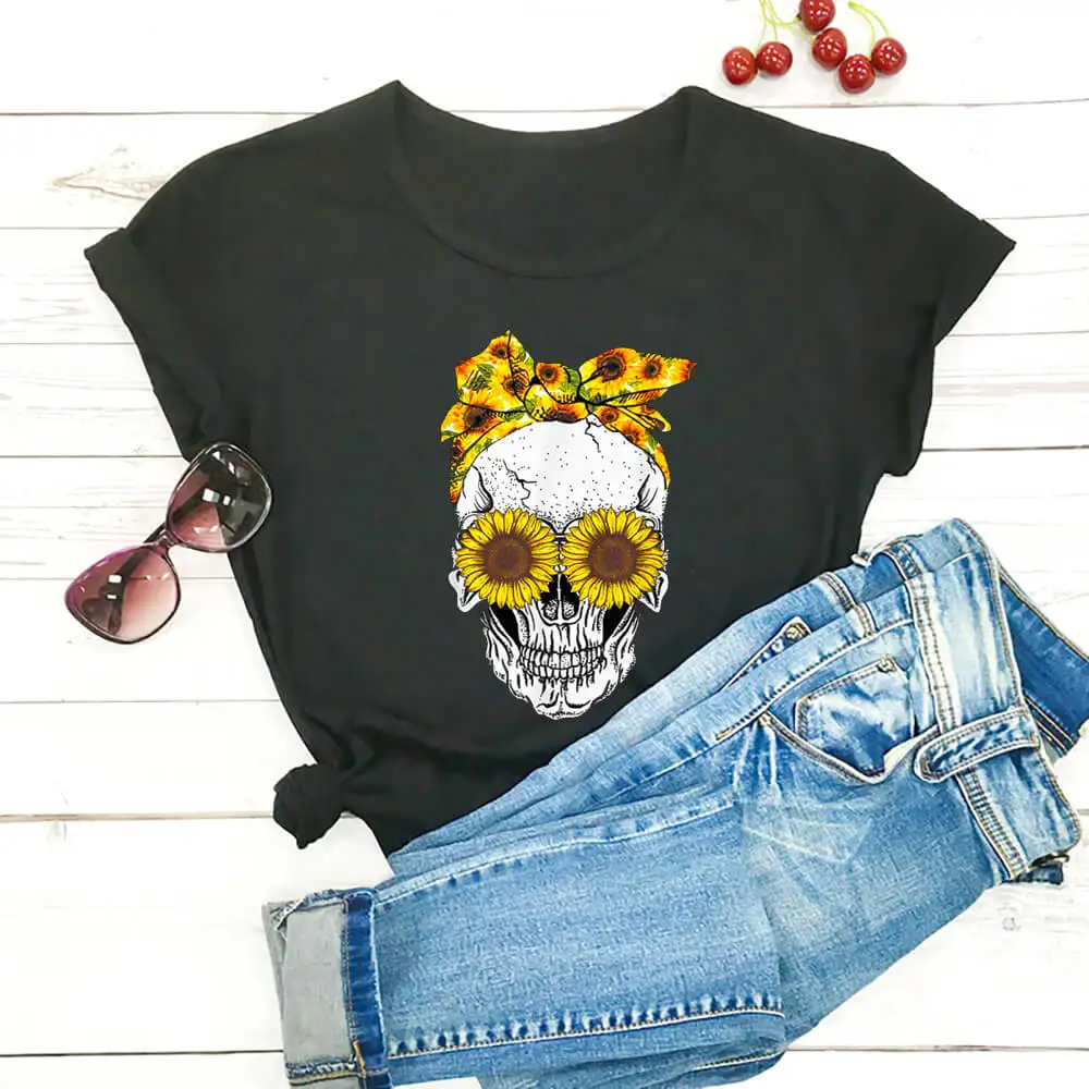 

Sunflower Skull Colored Print Shirt New Arrival 100%Cotton High Quality T Shirt Funny Halloween Holiday Gift Mom Life Shirts