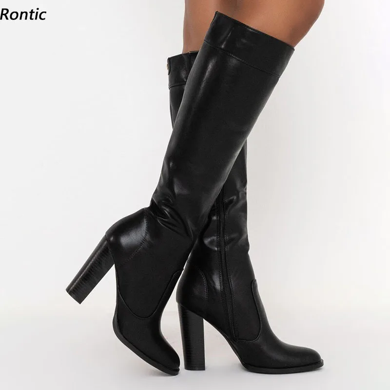 

Rontic New Fashion Women Winter Knee Boots Faux Leather Chunky Heeled Round Toe Elegant Black Unisex Shoes Ladies US Size 5-20