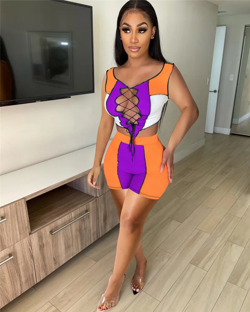 Tracksuits Color Patchwork Ribbed 2 Piece Outfits Women Suit Summer Lace-up Crop Tops Biker Shorts Streetwear Sexy 2 Piece Set
Tracksuits Color Patchwork Ribbed 2 Piece Outfits Women Suit Summer Lace-up Crop Tops Biker Shorts Streetwear Sexy 2 Piece Set