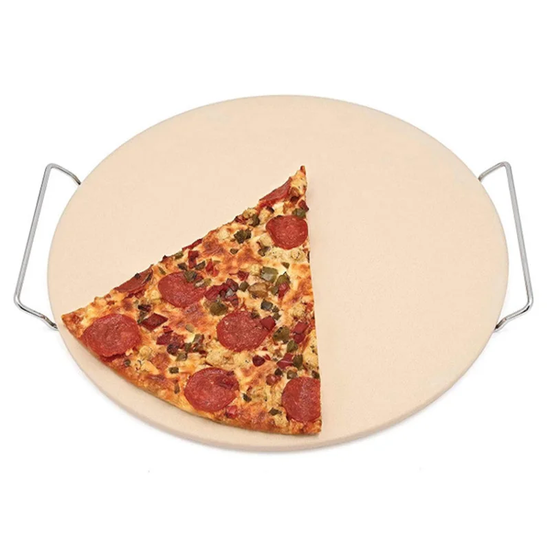13 Inch Pizza Extra Thick Stone for Baking Tools Oven&ampBBQ Grill Slab Kitchen Bread Tray with Support Frame